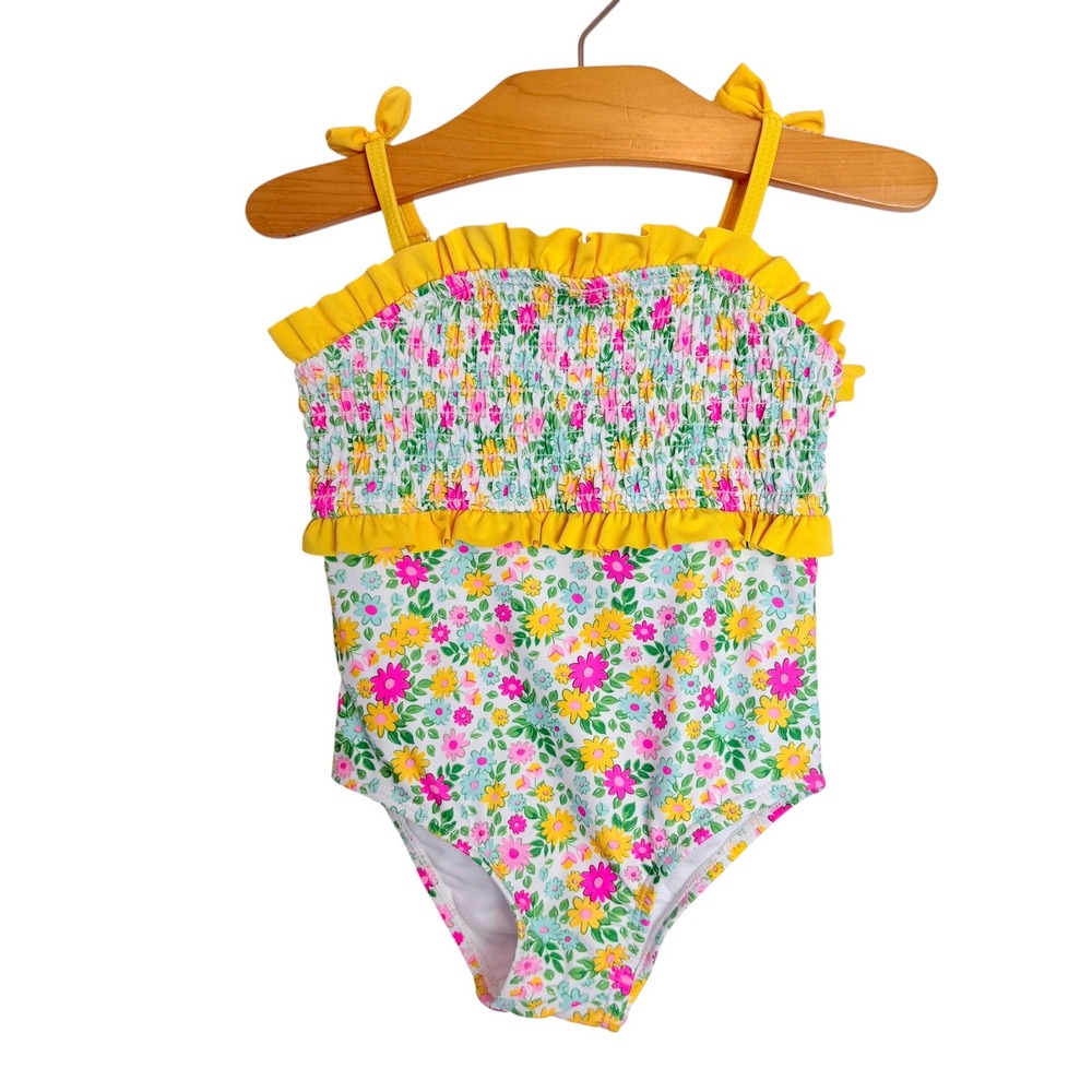 Nicole Miller New York Girls Floral Smocked One Piece Swimsuit Yellow Pink 2T